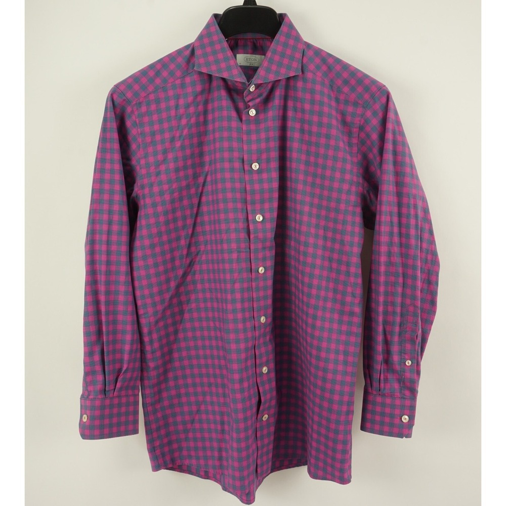 Eton Men 16.5 Slim Long Sleeve Magenta Blue Plaid Cotton Cutaway Button Up Shirt